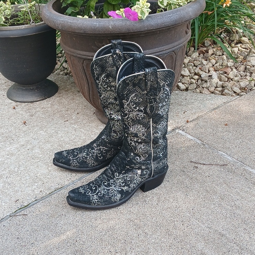Lucchese Women's N4717 Black Metallic Sueded Python Print Western Boot Sz 7 - Picture 15 of 16